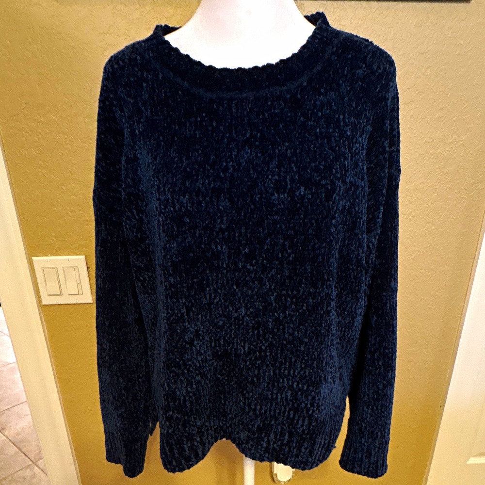 Cupio Women's Blue Chenille Chunky Knit Crewneck Pullover Sweater, M